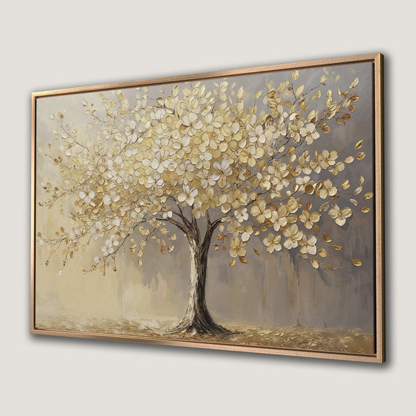 Framed Wall Art: Elegant gold tree painting on canvas. Neutral gray and gold color palette. Perfect for adding sophistication to your home decor.