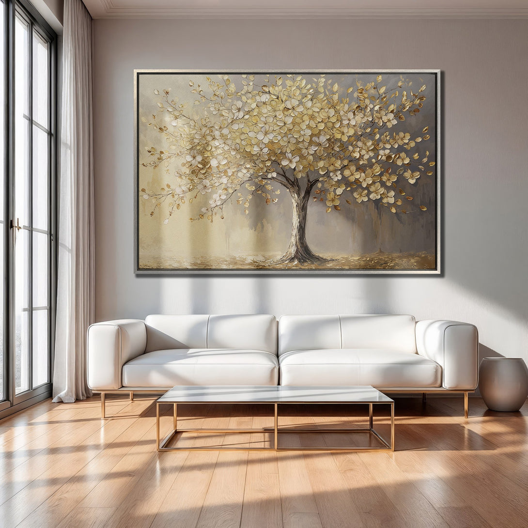 Framed Wall Art: Stunning tree painting in gold and neutral tones. Perfect for modern living rooms. Shop our Canvas Print collection for stylish decor.