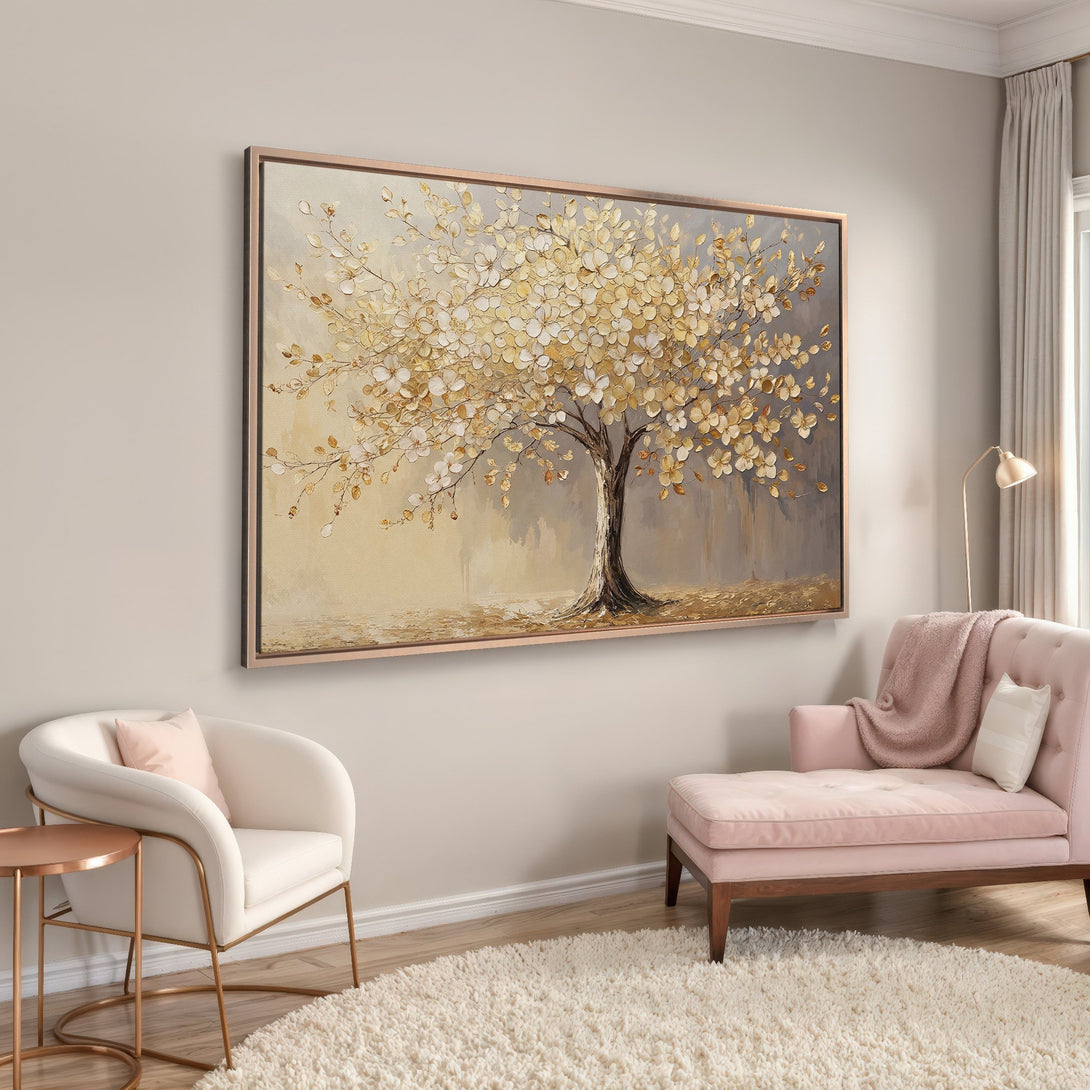 Framed Wall Art: Stunning gold leaf tree canvas print. Modern art with a neutral, warm color palette perfect for living room decor. Shop now!