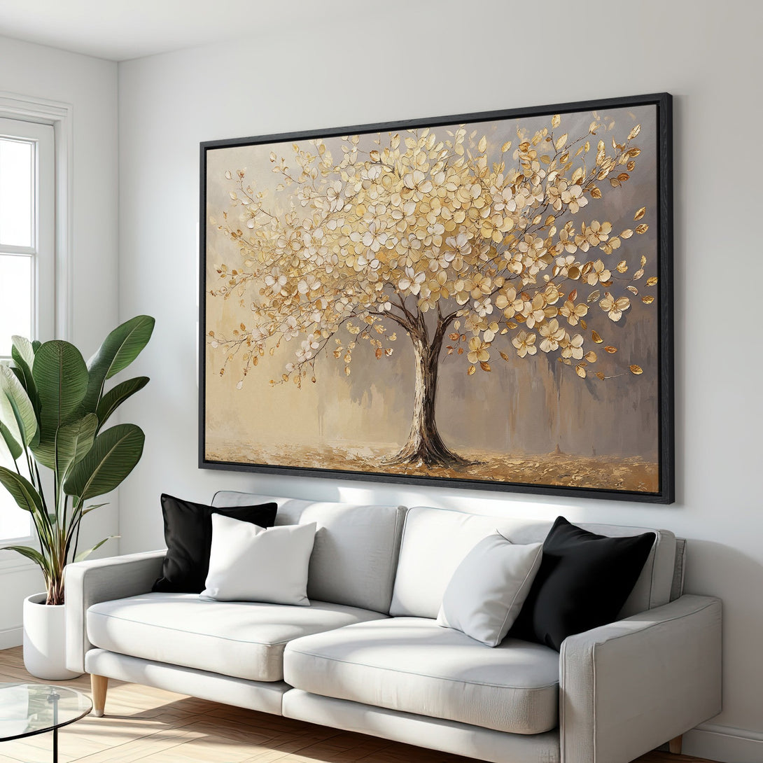 Framed Wall Art of a golden tree painting in a modern interior. Neutral color palette of gold, brown, and gray. Enhance your home decor!
