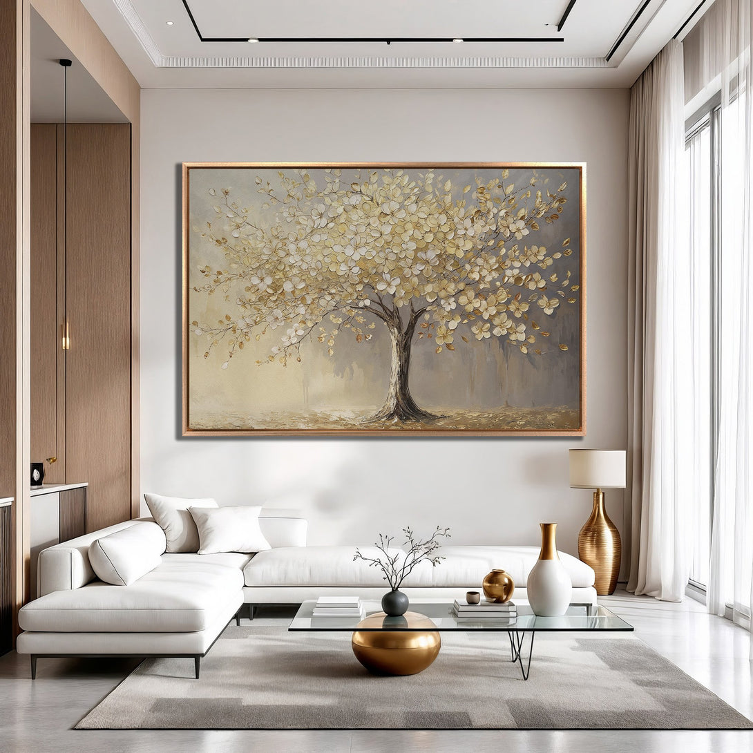 Framed Wall Art: Elegant tree painting in gold and neutral tones. Modern art for living room decor, adds warmth and sophistication. Shop now!