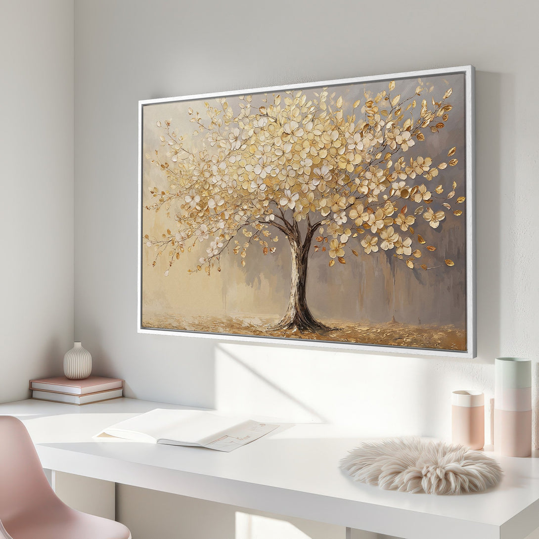 Framed Wall Art: Elegant tree painting in neutral tones. Perfect for adding a touch of nature-inspired art to your home decor. Warm color palette.