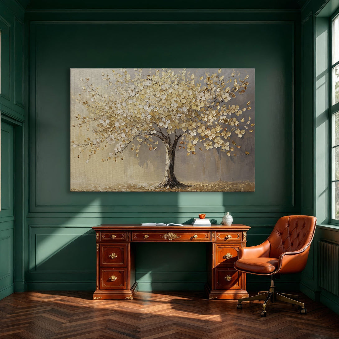 Framed Wall Art: Elegant gold tree painting in a dining room. Neutral color palette with gold accents. Perfect for modern home decor.