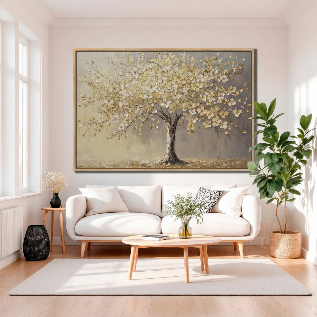 Framed Wall Art of a golden tree painting in a modern living room. Neutral color palette, perfect for adding a touch of elegance to your home decor.