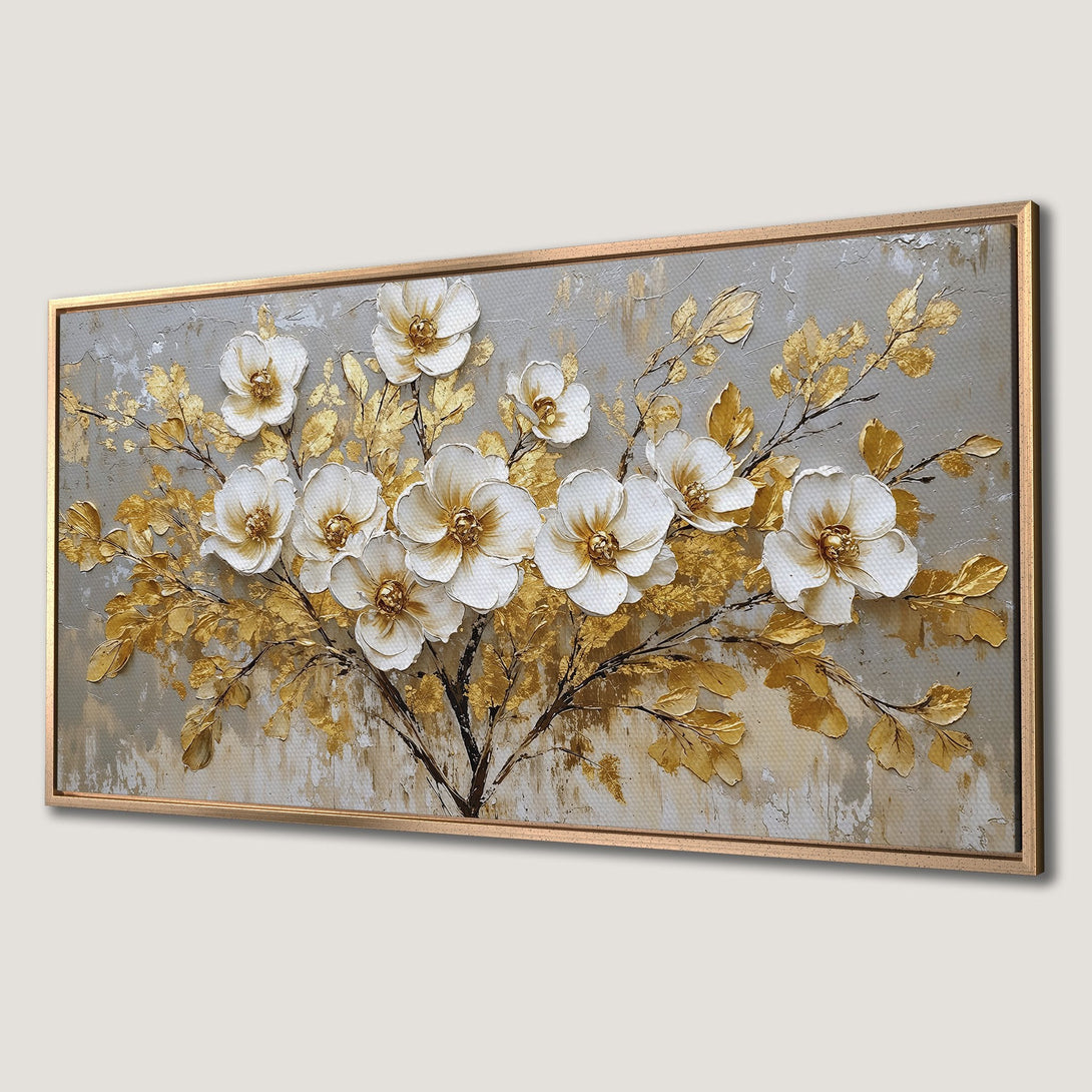 Framed Wall Art: Elegant floral canvas print with white flowers & gold leaves on a neutral background. Perfect for modern home decor.