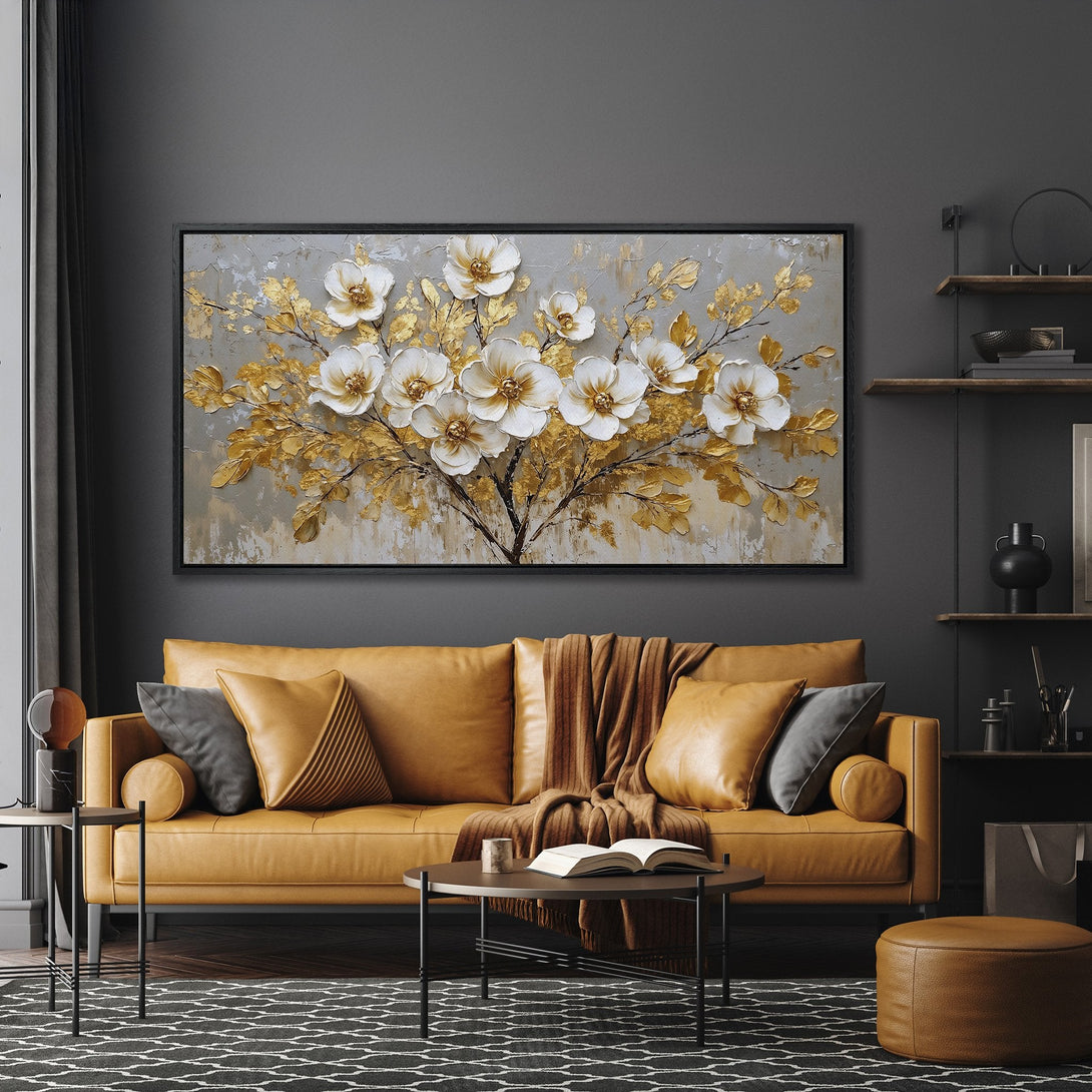 Framed Wall Art featuring elegant white and gold floral design. Modern canvas print with neutral, warm color palette, perfect for living room decor.
