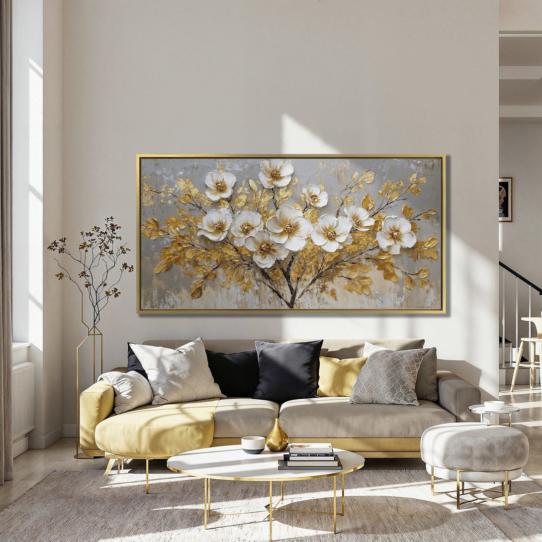 Canvas Print: Elegant floral art in gold and white, displayed in a modern interior. Features a textured, 3D style with a neutral and warm color palette.
