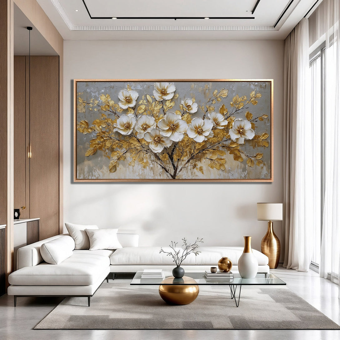 Framed Wall Art featuring a gold and white floral design. Modern, luxury style with a neutral color palette. Perfect for elegant home decor.