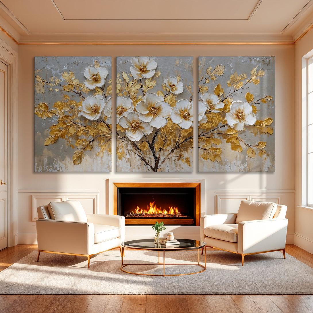 Canvas Print of elegant floral art in gold and white, perfect for a sophisticated living room. Neutral palette.