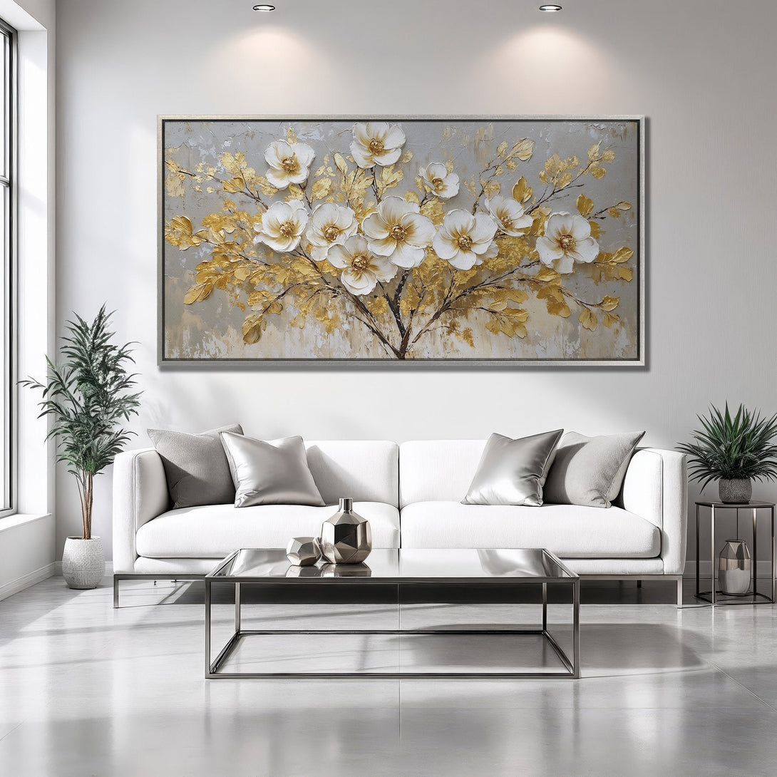 Framed Wall Art featuring white floral design with gold accents. Modern style, neutral gray and gold color palette. Elevate your home decor!