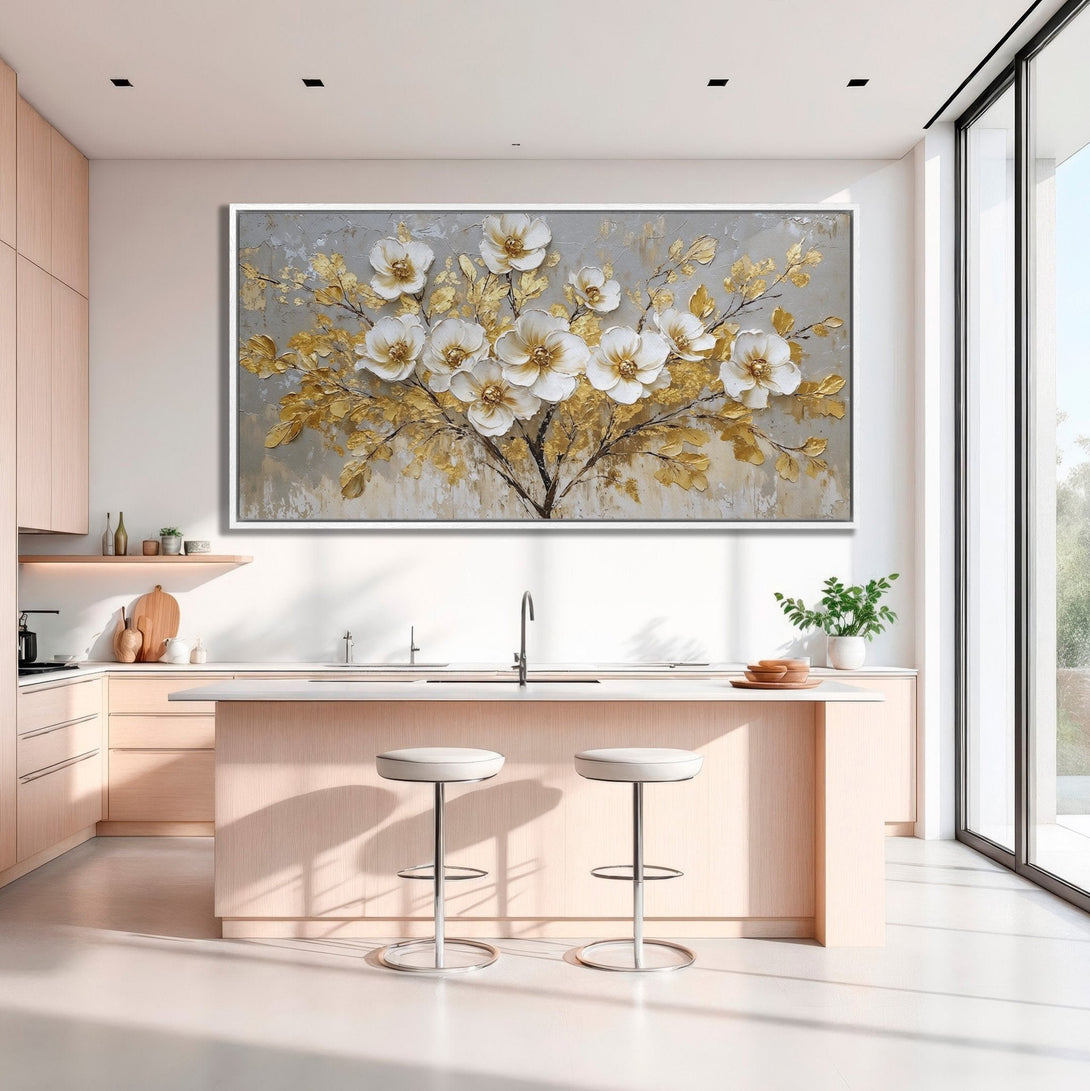 Framed Wall Art: Elegant floral canvas print in gold and white, displayed in a modern kitchen. Adds a touch of luxury to any space.