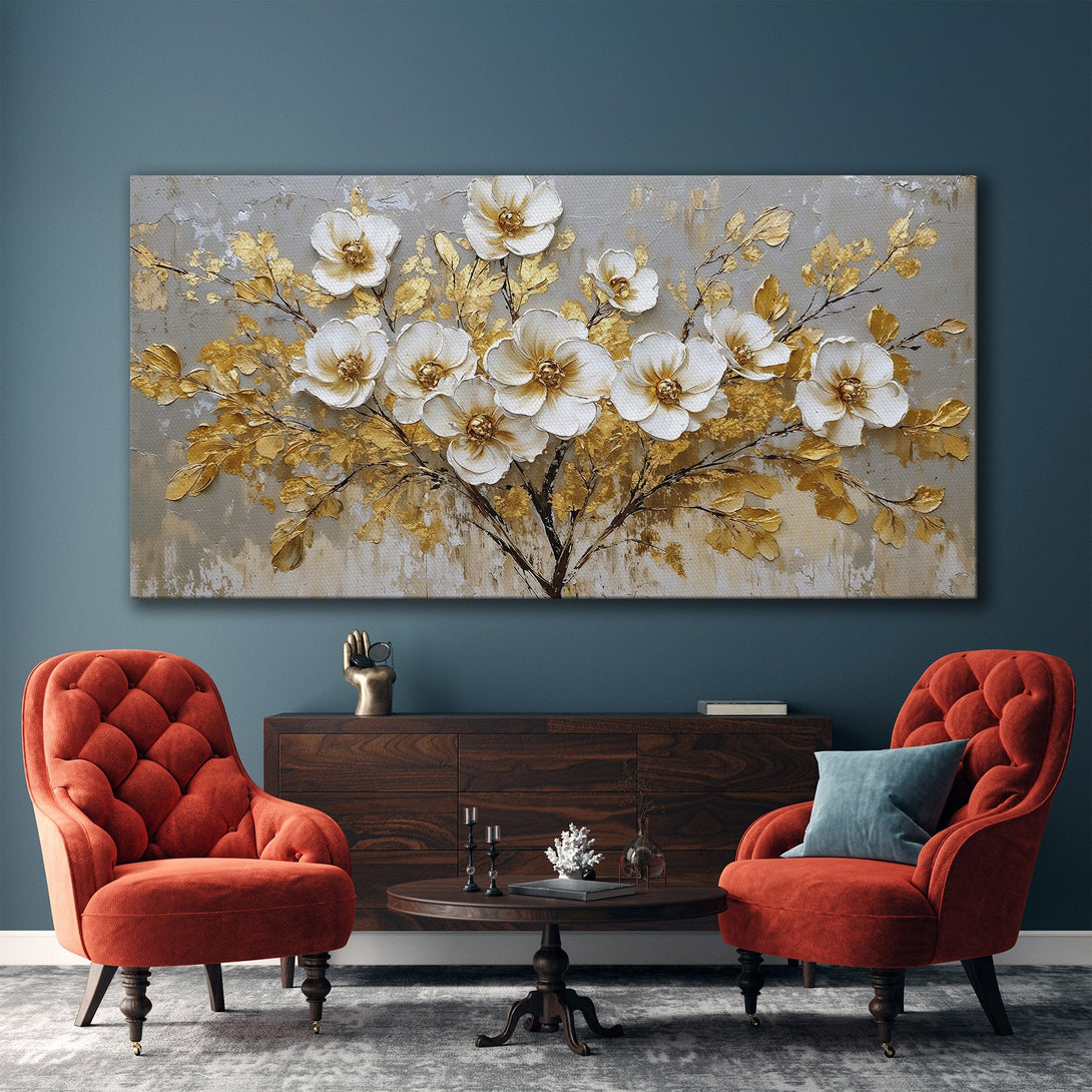 Framed Wall Art: Elegant floral canvas print in gold, white, and gray tones. Modern home decor with a luxurious touch. Elevate your space!