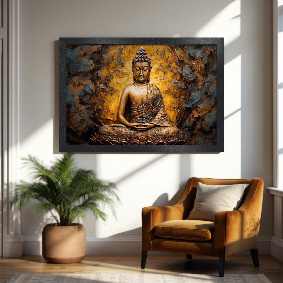 Framed Poster featuring a serene Buddha, warm gold & teal tones, perfect for meditation & home decor.