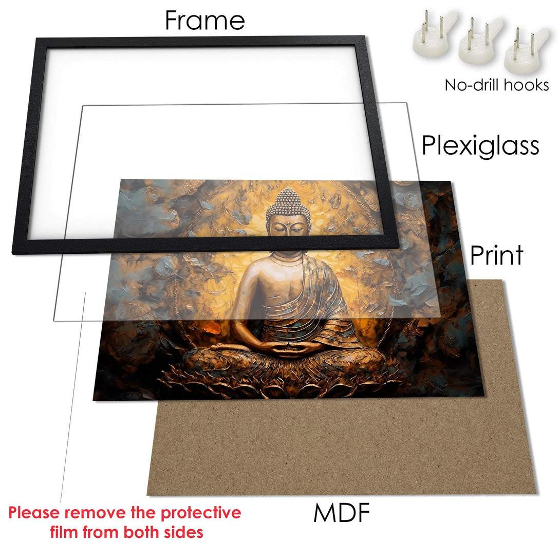 Framed Poster featuring a serene Buddha in gold and blue tones, perfect for meditation and home decor.