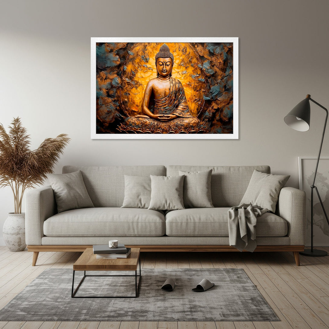 Framed Poster featuring a serene Buddha in warm gold and teal tones. Perfect for adding a touch of zen to your living space.