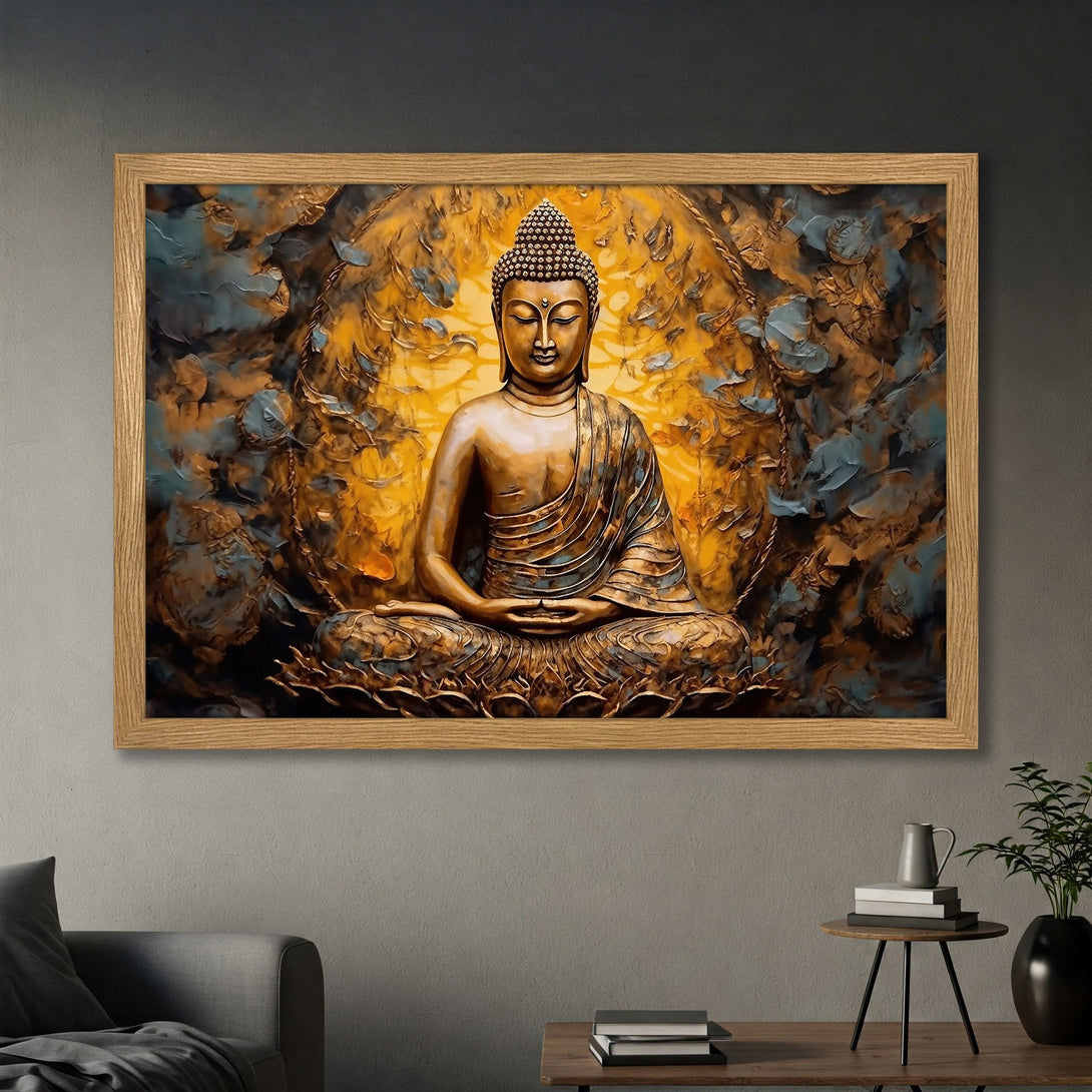 Framed Poster of Buddha in meditation. Artistic style with gold, blue, and brown color palette. Perfect for home decor.