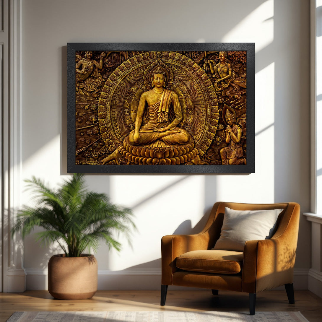 Framed Poster featuring a serene Buddha image in gold tones. Perfect for creating a calming and elegant space.
