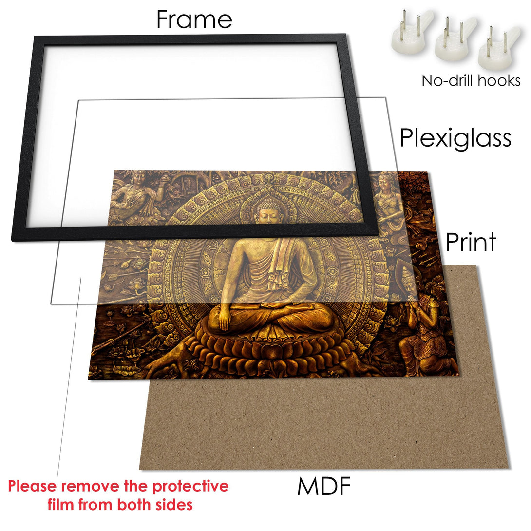 Framed Poster of Buddha in gold tones, intricate details. A beautiful, detailed artwork for your home decor.