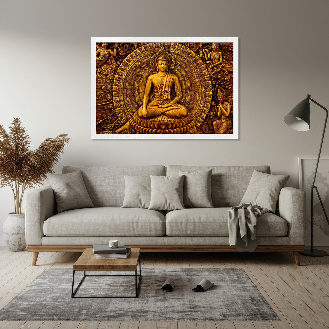 Framed Poster featuring a golden Buddha statue. Artistic style, warm color palette for a serene and stylish home decor.