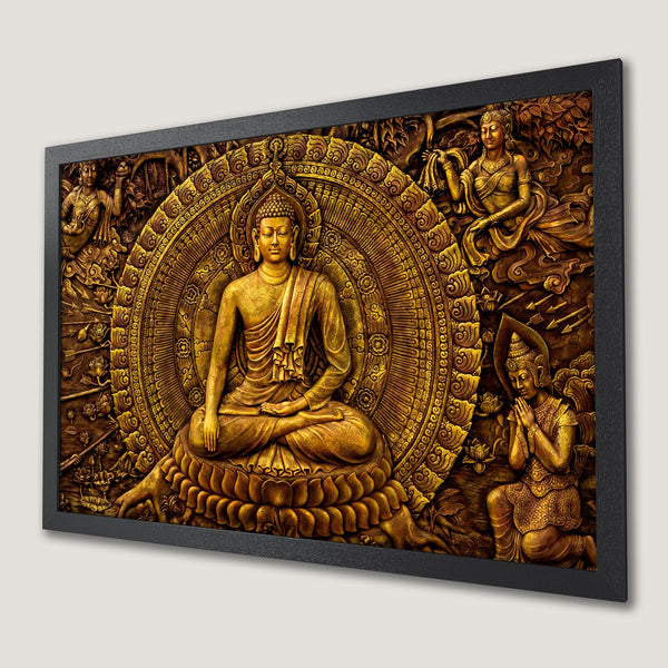 Framed Poster of Buddha in gold relief art. Stunning religious decor with intricate details and warm, earthy tones. Perfect for meditation spaces.