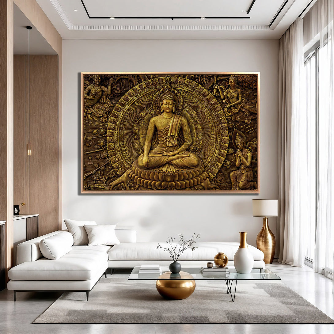 Framed Wall Art: Golden Buddha Canvas Print in a modern living room. Stunning relief style with warm gold and brown tones. Enhance your space!