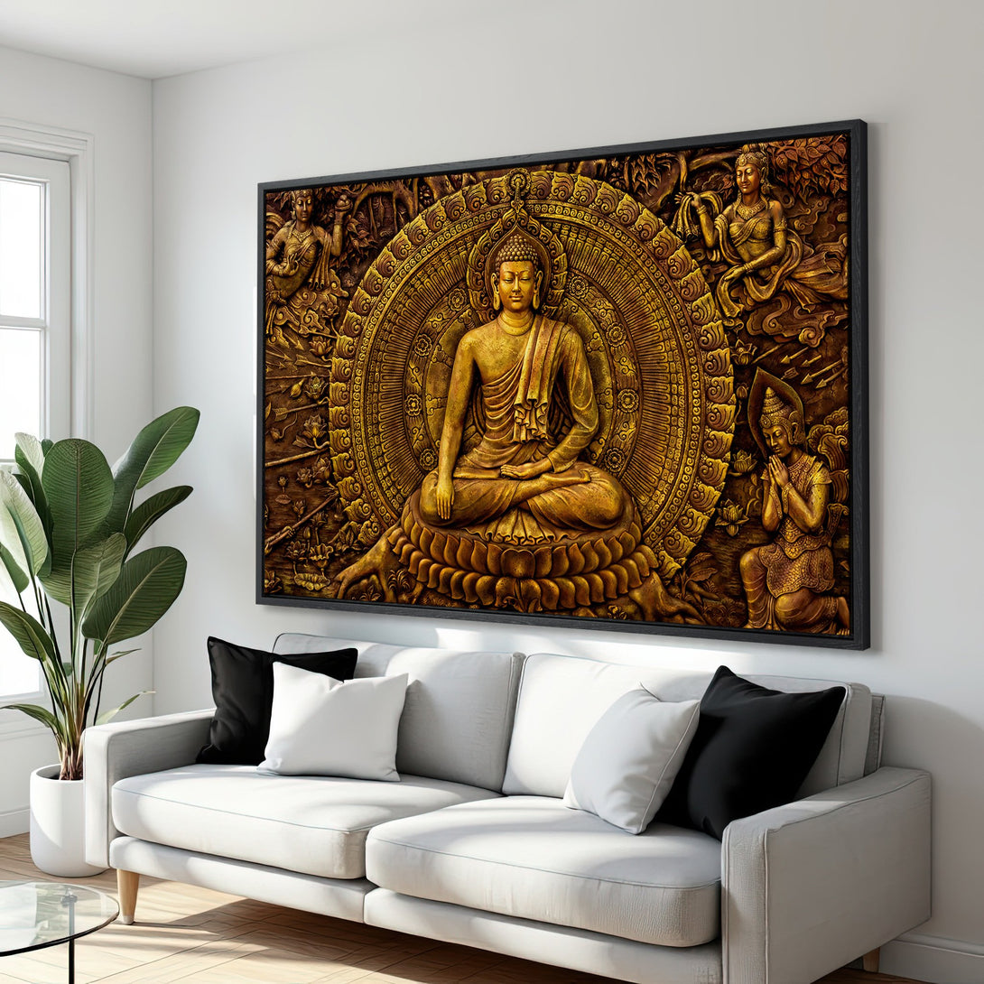 Framed Wall Art: Golden Buddha Canvas Print. Stunning relief sculpture in warm gold tones. Perfect for adding a touch of zen to your space.