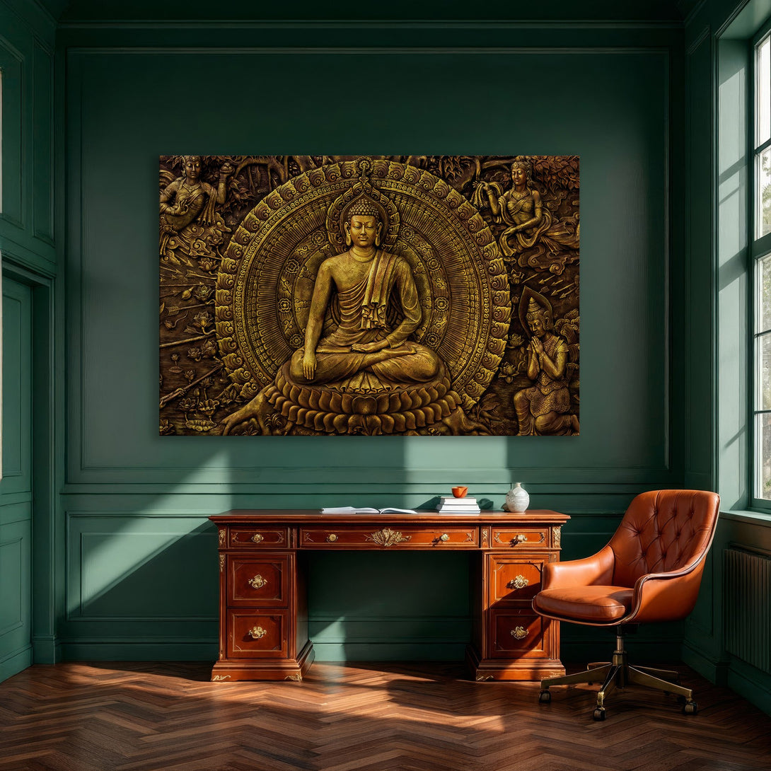 Framed Wall Art: Golden Buddha canvas print. Elegant decor with a warm, earthy color palette. Perfect for living rooms & dining areas.