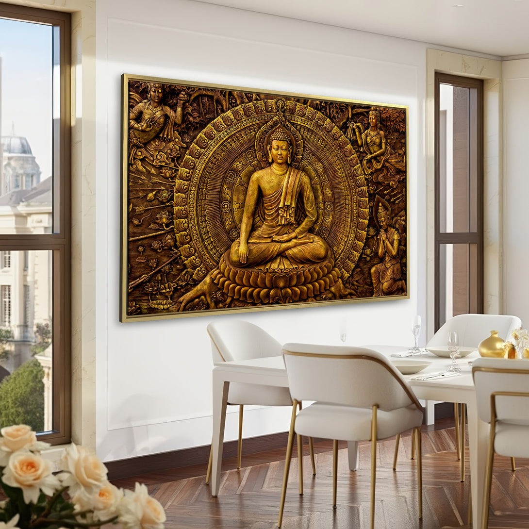 Canvas Print of Buddha artwork in gold tones, perfect for adding a touch of zen to your space. Rich, warm color palette.