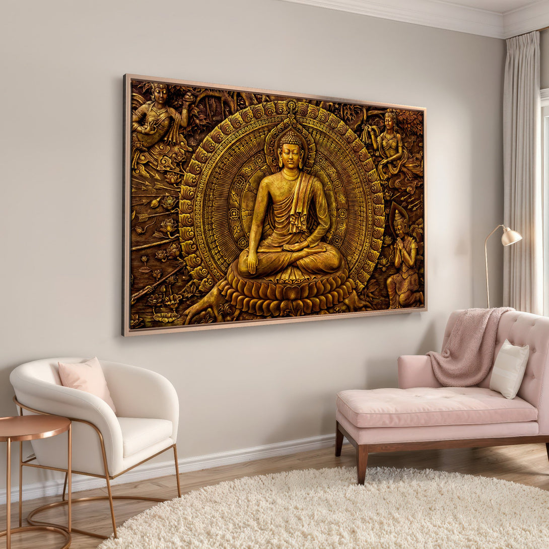 Framed Wall Art: Stunning golden Buddha Canvas Print. Adds a touch of zen to any space. Warm, earthy tones and intricate details. Perfect for home decor.