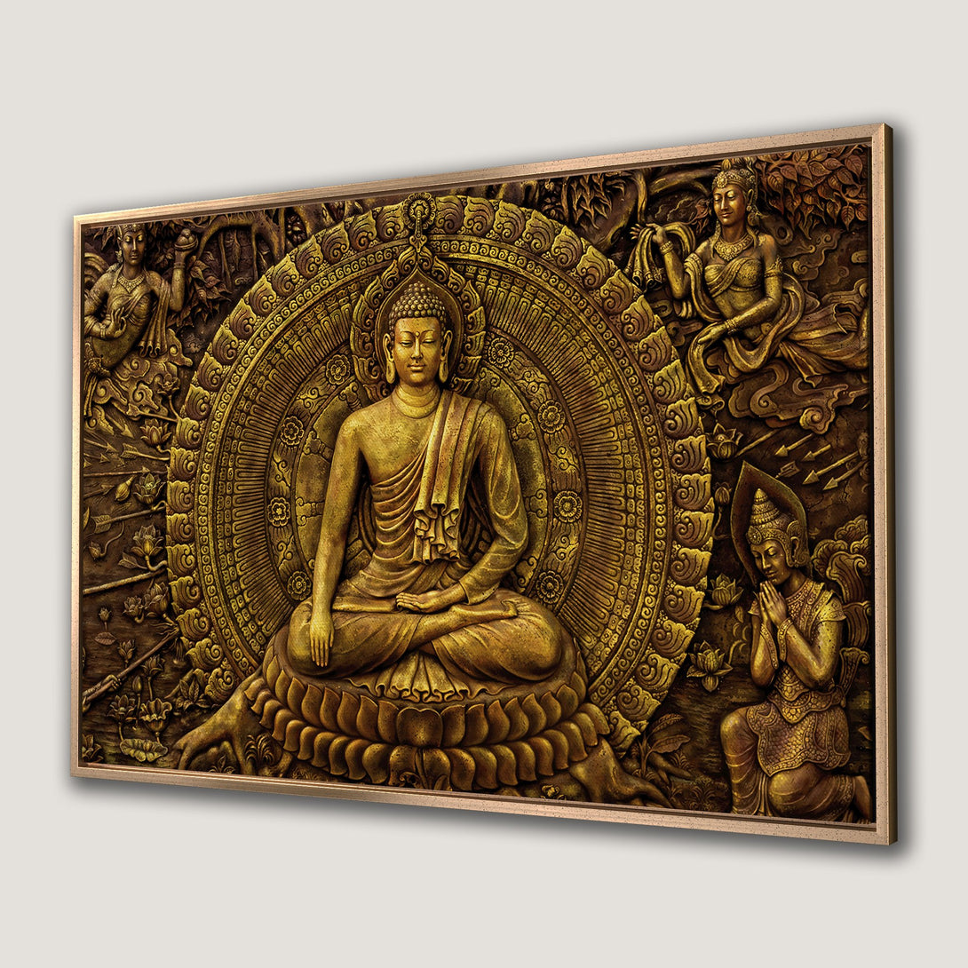 Framed Wall Art: Intricate Buddha relief in gold tones. Add a touch of serenity with this stunning, detailed canvas print. Perfect for any space!