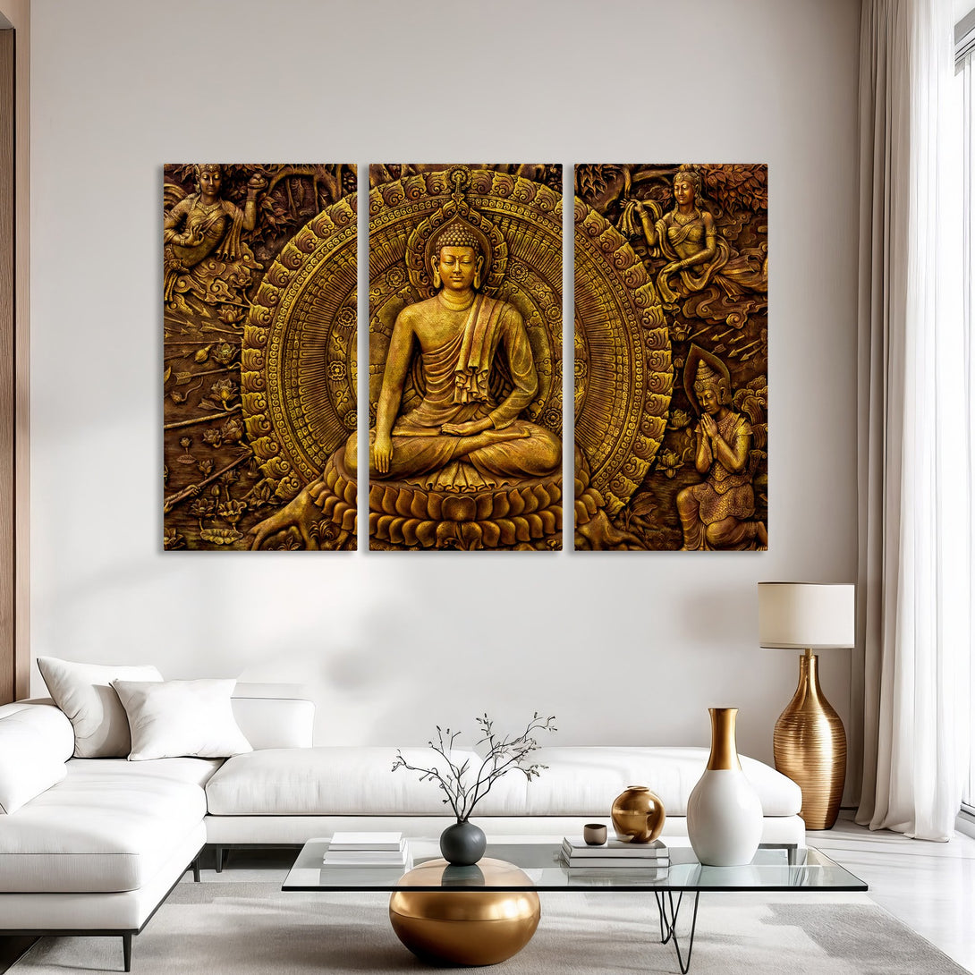 Buddha Canvas Print in gold tones. Elegant wall art featuring a detailed Buddha sculpture, perfect for adding a touch of zen to your home decor.