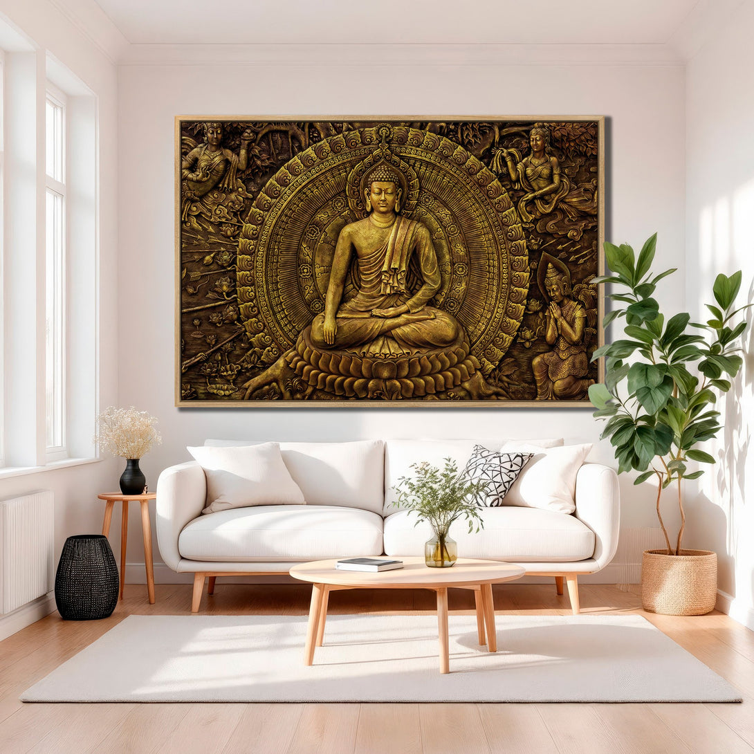 Framed Wall Art featuring a golden Buddha sculpture. Elegant, detailed artwork in warm gold and brown tones, perfect for adding a touch of zen to your space.