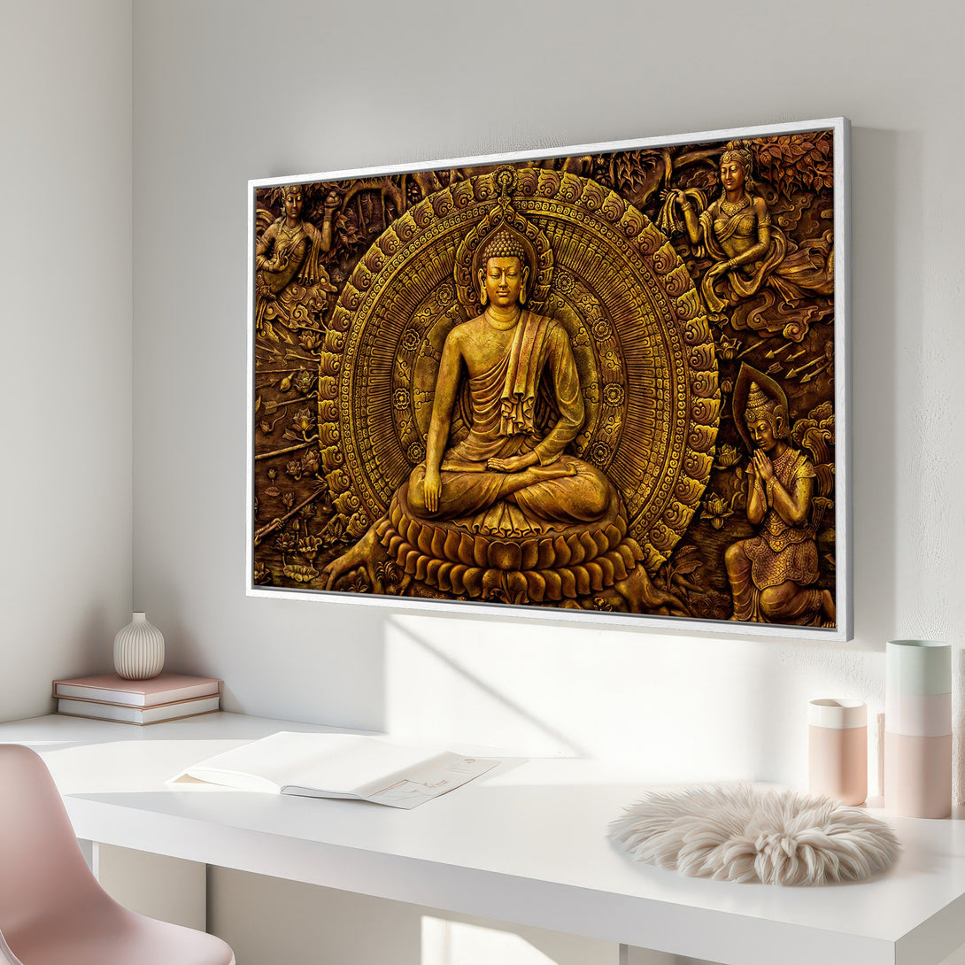 Framed Wall Art: Golden Buddha Canvas Print, intricate details, warm gold and brown tones, perfect for peaceful decor.