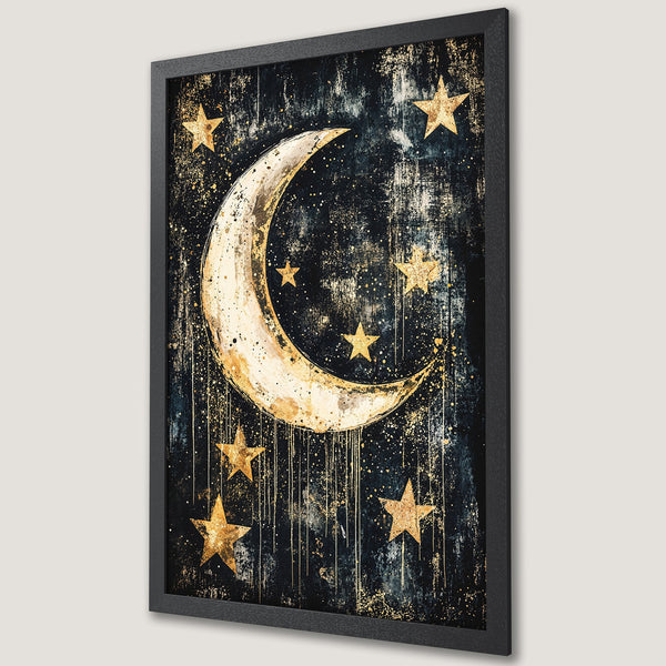 Framed Poster featuring a celestial design with moon and stars in gold and black. Perfect for adding a touch of magic to your space!