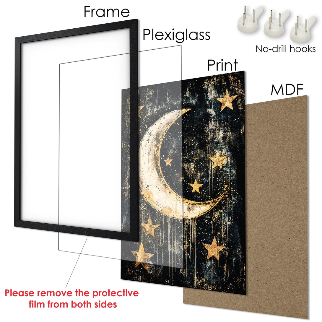 Framed Poster featuring a celestial design with a moon and stars in a dark blue and gold palette. Perfect wall art for your home!
