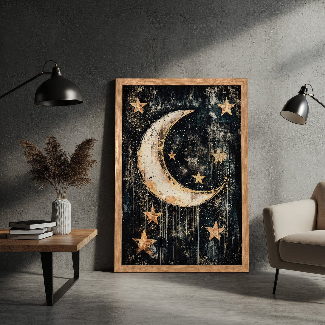 Framed Poster featuring a celestial design with a moon and stars, in a dark blue and gold color palette. Perfect wall art.