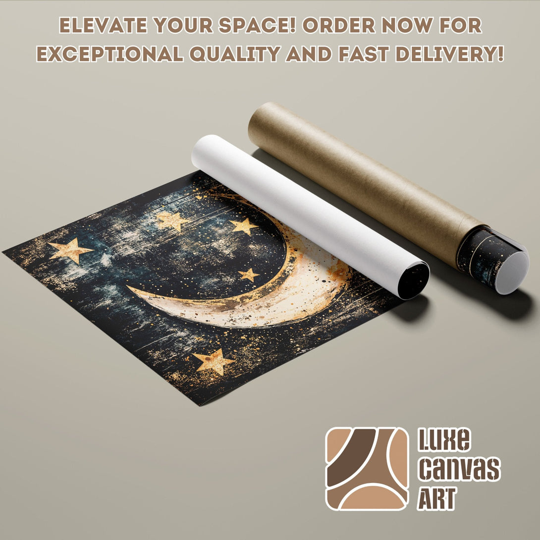 Poster Roll with celestial art, dark blue, gold, and beige palette. Elevate your space with this stunning print!
