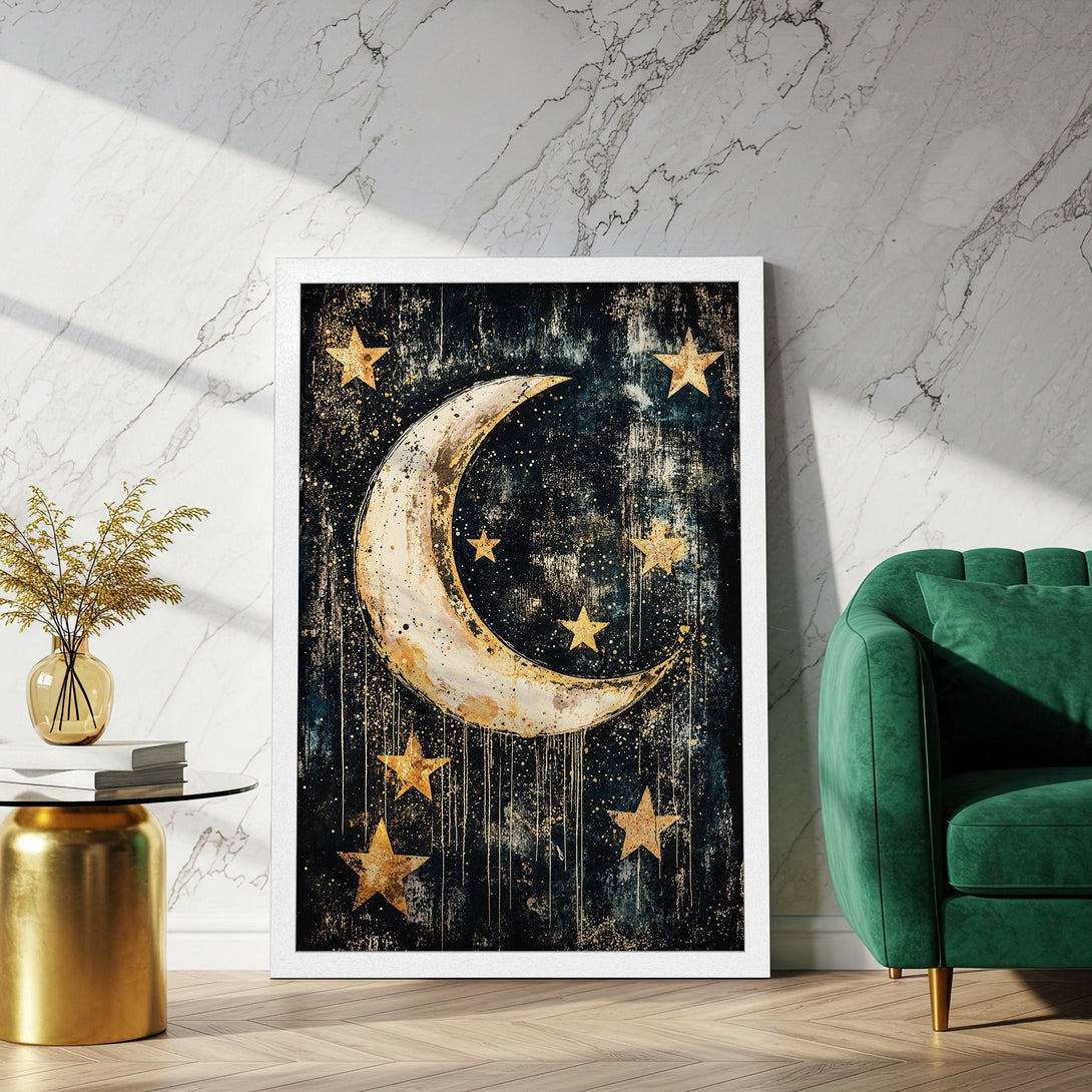 Framed Poster featuring a celestial moon and stars design in gold and black, perfect for adding a touch of magic to your space.