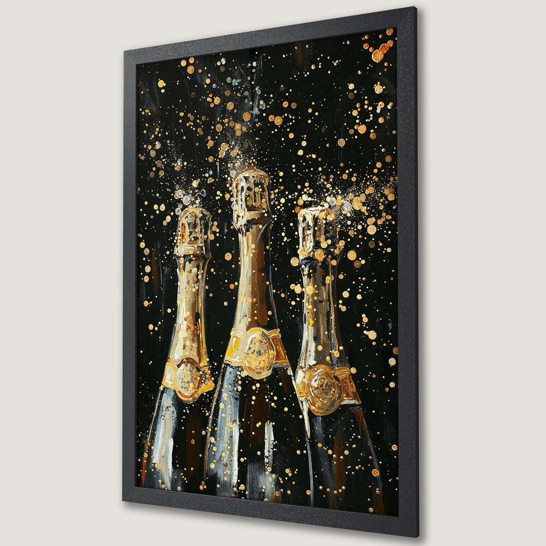Framed Poster featuring champagne bottles with a black and gold color palette. Celebrate in style with this elegant wall art!