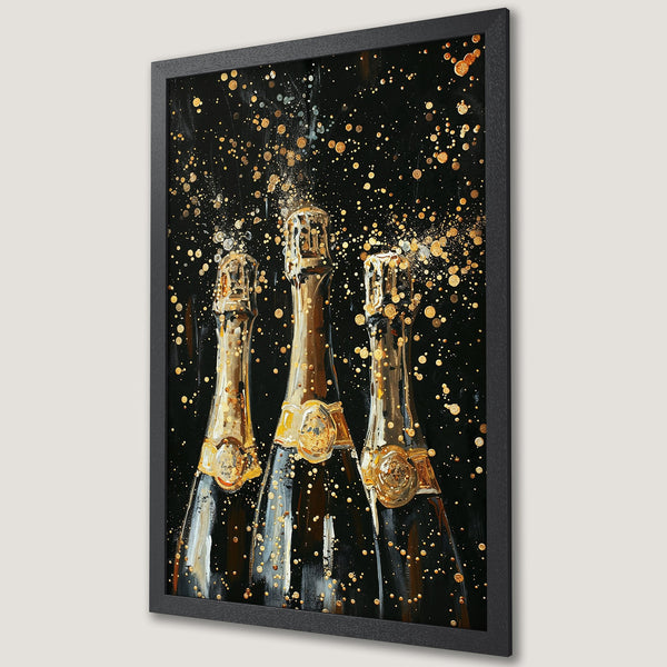 Framed Poster featuring champagne bottles with a black and gold color palette. Celebrate in style with this elegant wall art!