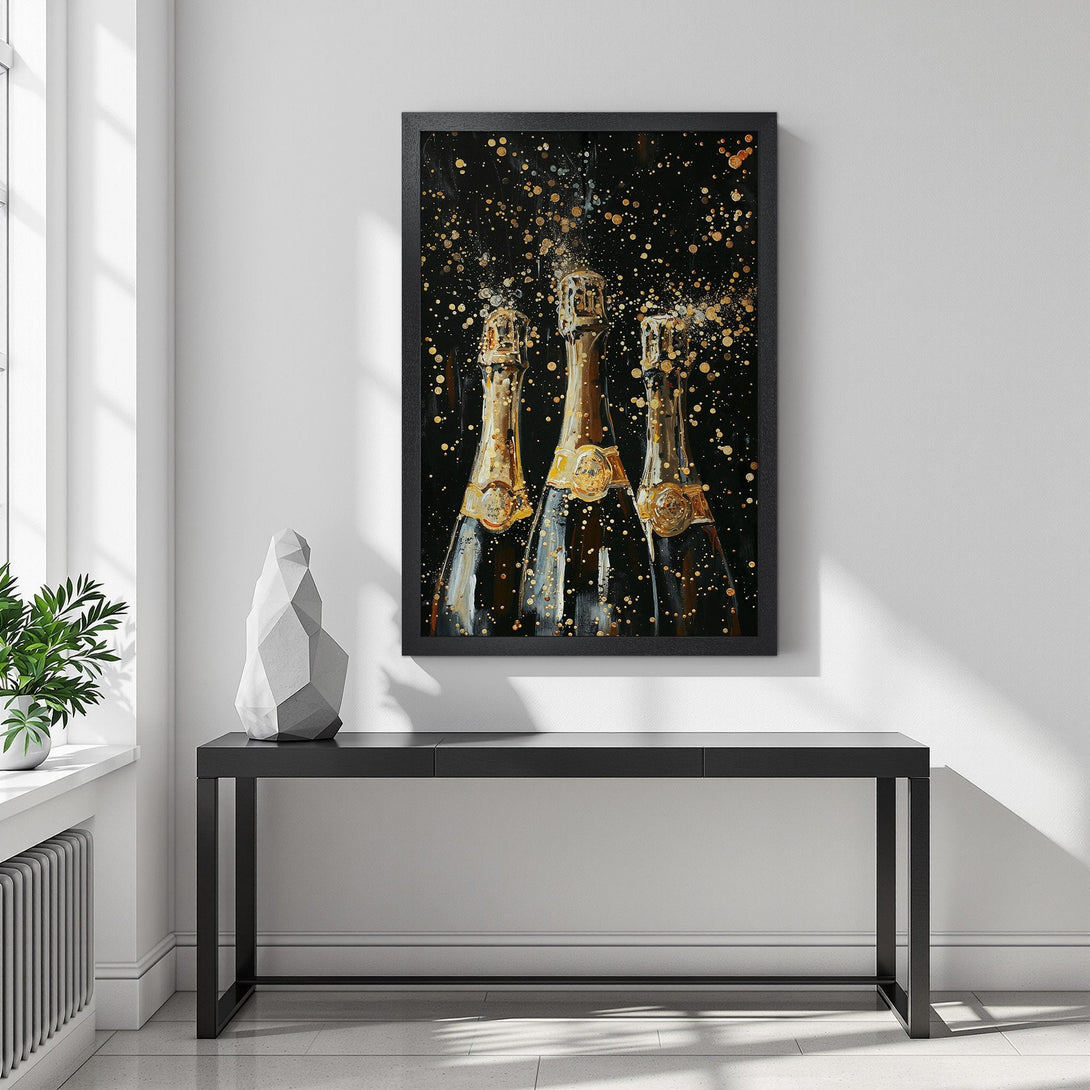 Framed Poster of champagne bottles with gold accents on a black background. Modern art style, gold and black color palette.