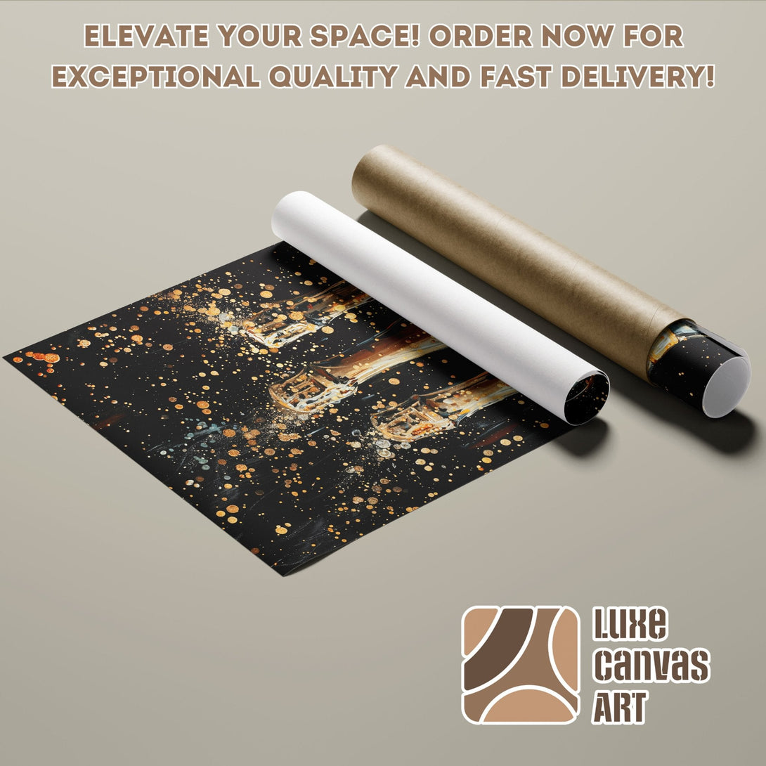 Poster Roll with abstract champagne art in black, gold, and brown tones. Elevate your space!