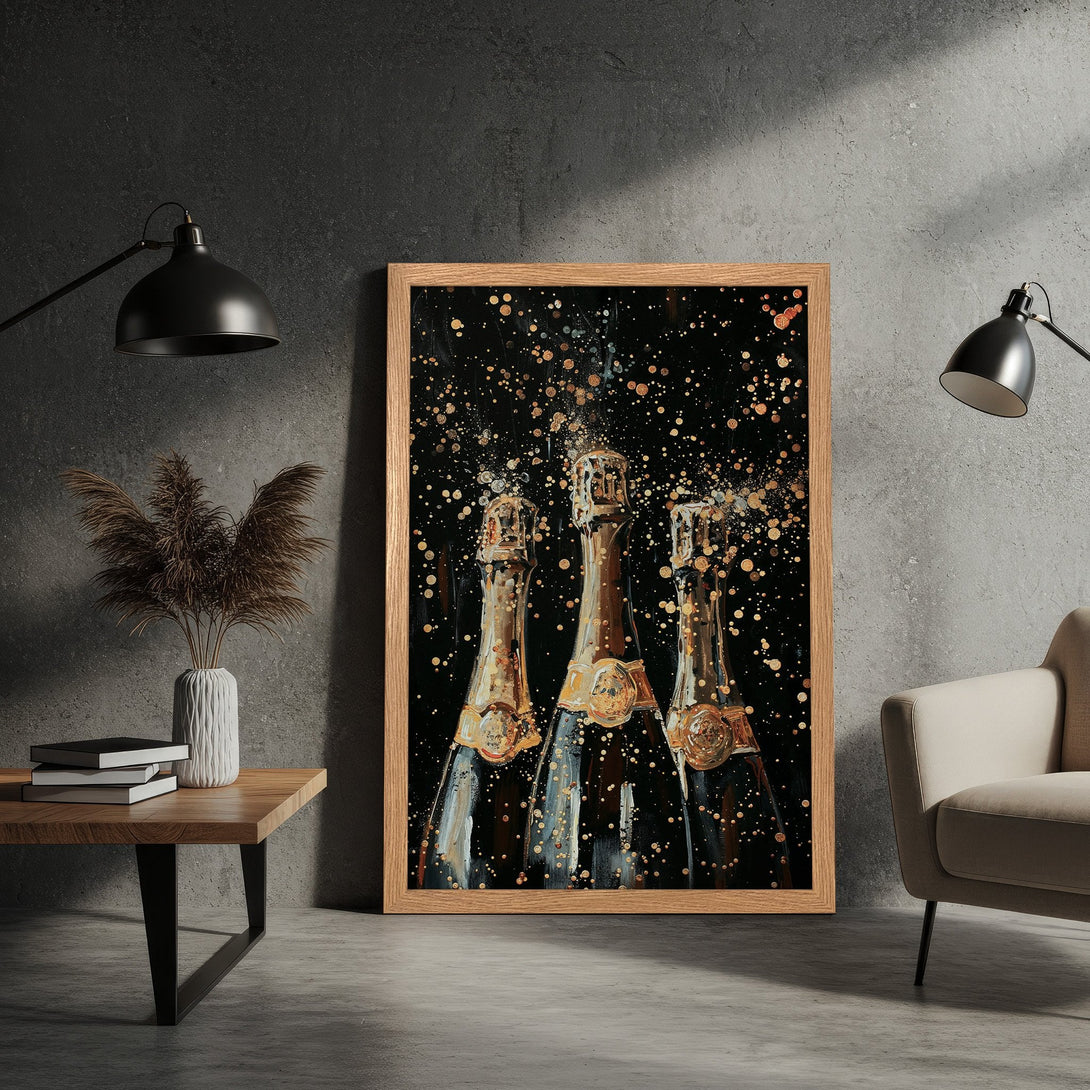 Framed Poster featuring champagne bottles, abstract style, with black, gold, and brown color palette. Perfect wall art for your home!