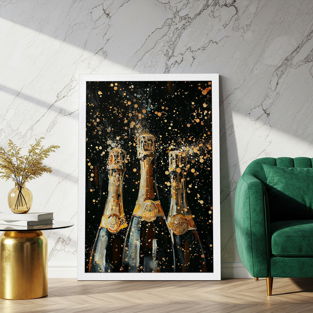 Framed Poster featuring champagne bottles, abstract style, with gold, black, and white color palette. Perfect for adding a touch of luxury!