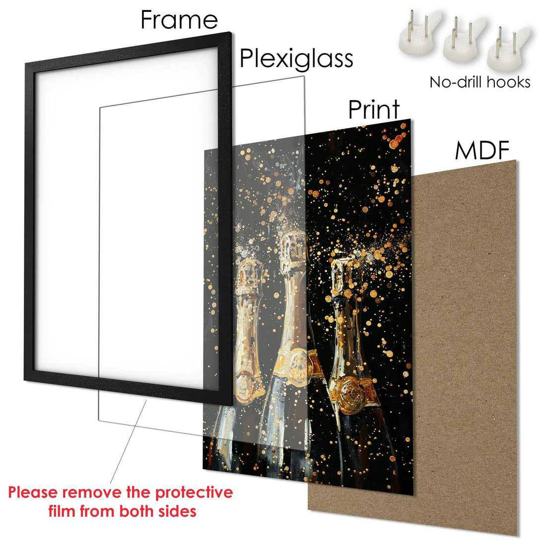 Framed Poster featuring champagne bottles, gold and black color palette, perfect wall art.