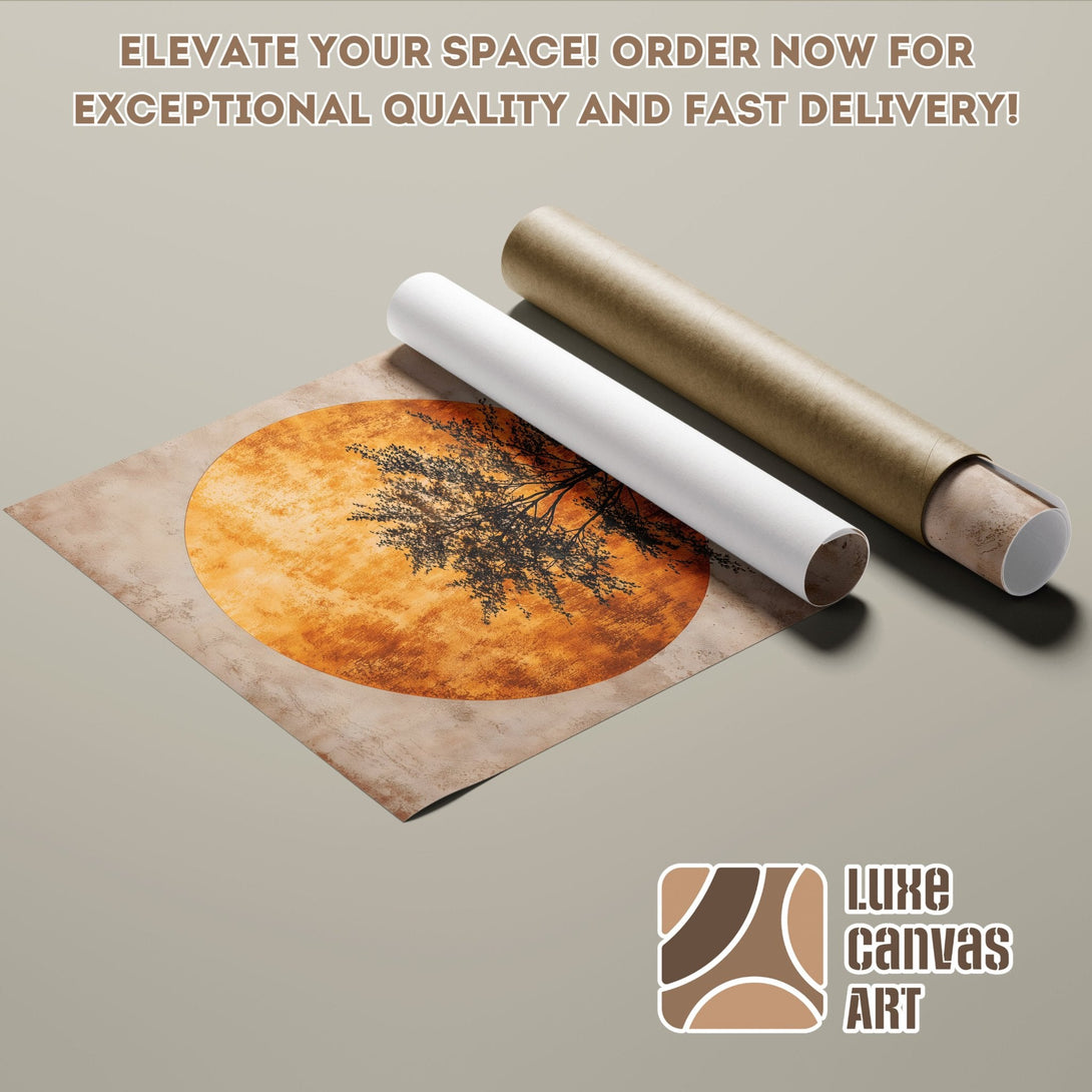 Poster Roll featuring a tree silhouette on an orange background, warm color palette, perfect wall art.