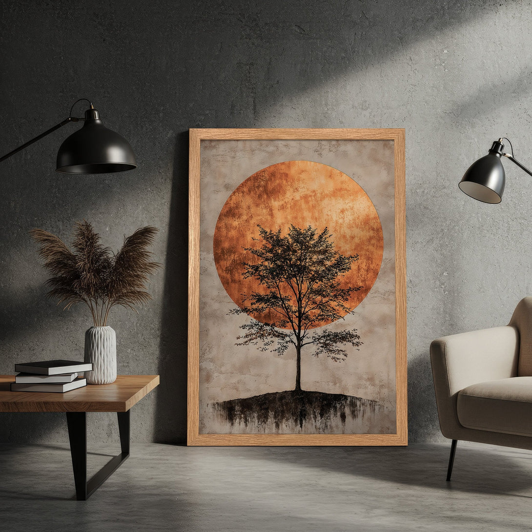 Framed Poster featuring a tree silhouette against a warm orange sun, minimalist style, earthy tones. Perfect wall art for your home.