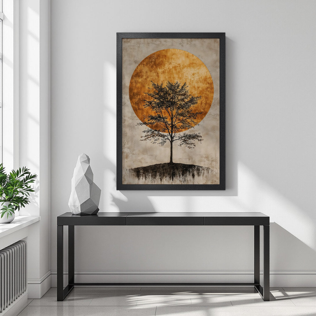 Framed Poster featuring a tree silhouette against a golden sun. Modern art style with a warm, earthy color palette. Perfect wall decor!