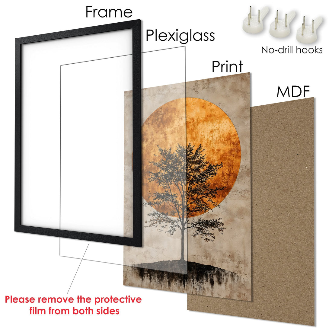 Framed Poster featuring a tree silhouette against a golden sun, in a neutral color palette. Modern art print for home decor.