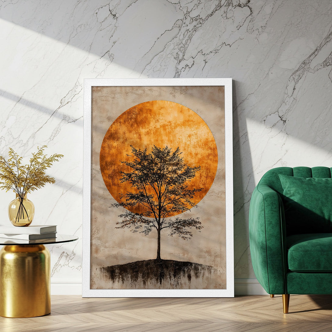 Framed Poster featuring a tree silhouette against a golden sun. Earthy tones and minimalist style for modern home decor.
